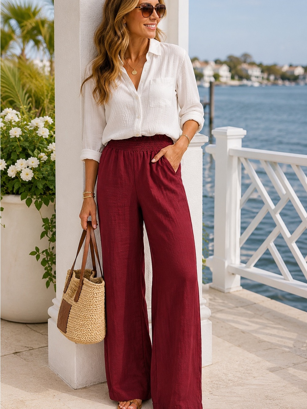 Burgundy Petite Wide Leg Pull On Pants Smocked Waist Silky Feel M Quiet Luxury